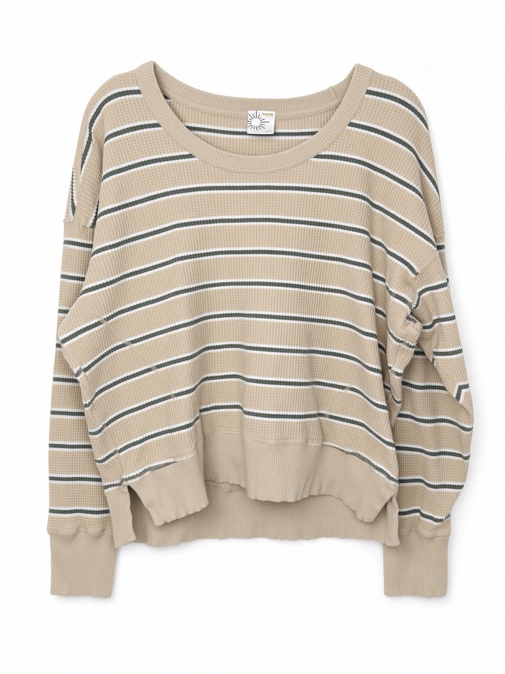 Relaxed Beige Striped Long-Sleeve Waffle Tee
